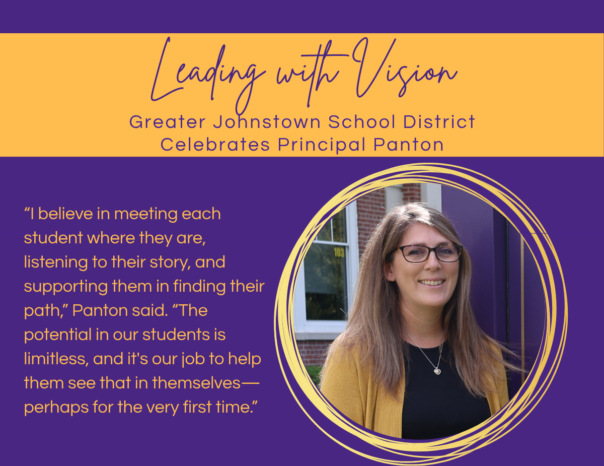 a purple and yellow graphic shows a picture of a woman wearing glasses