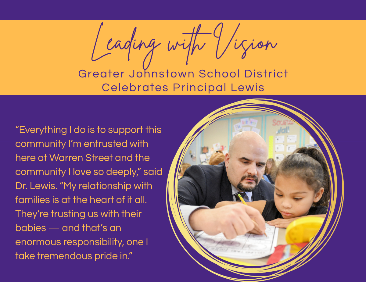 a yellow and purple graphic shows a picture of a bald man helping a young student with a homework assignment