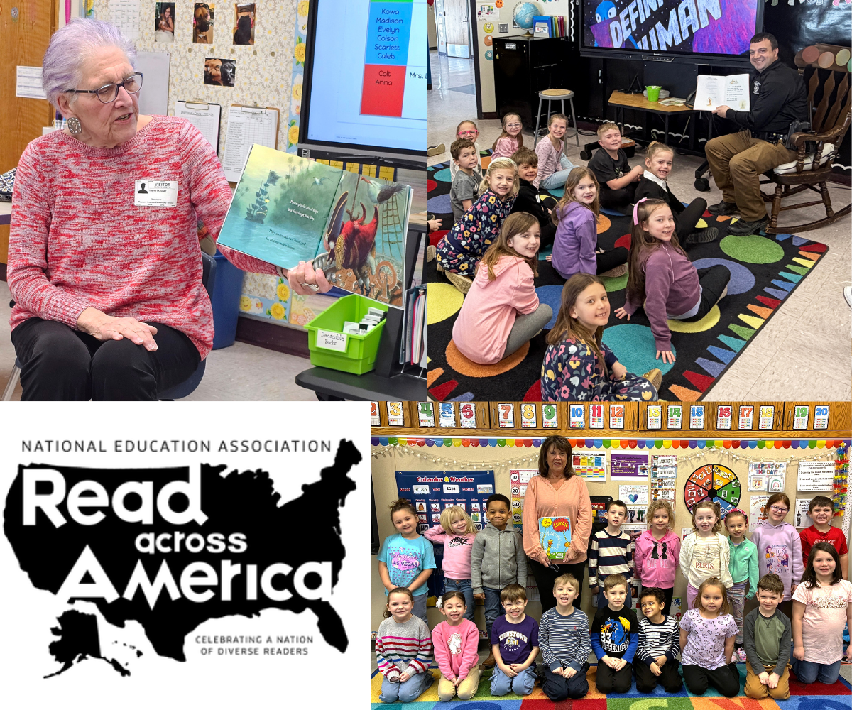 young students sit in class and listen to guest readers, along with a log that reads "Read Across America."