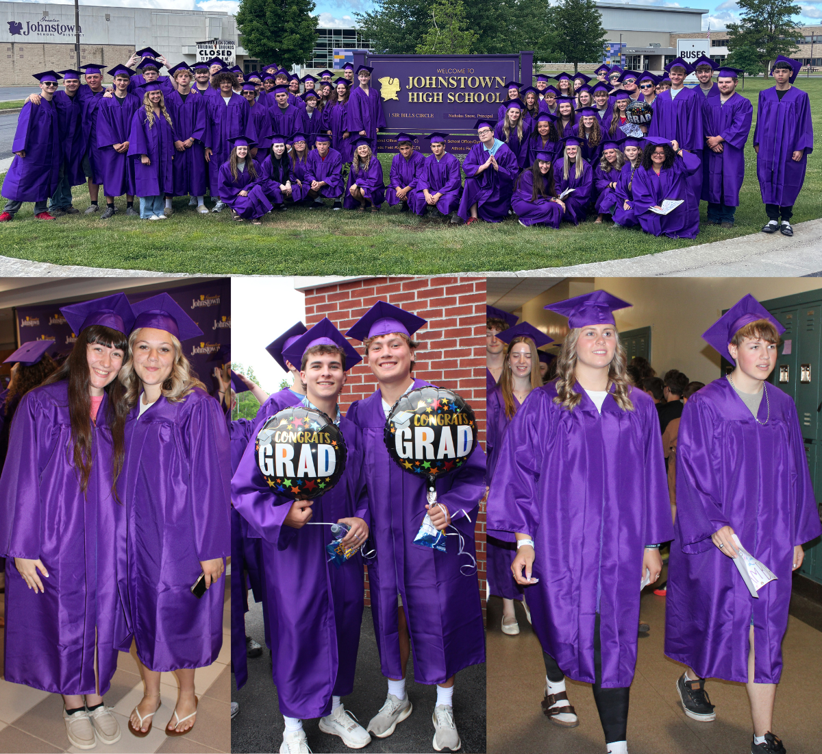 a montage of students wearing purple caps and gowns