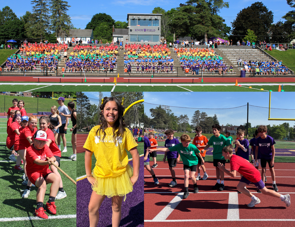 a montage of students in rainbow colored shirts at an outdoor track meet