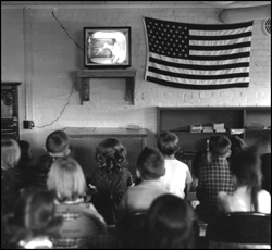 Warren students in the 1950s watching television in a classroom