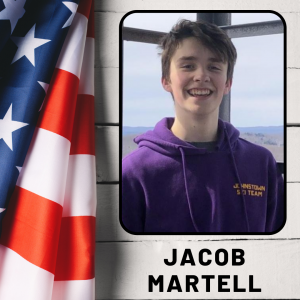 A boy smiling in an outdoor photo, next to an American flag, with his name listed, Jacob Martell. 