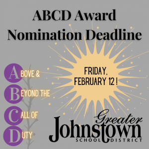 ABCD Award Logo, with information saying that nominations are due Friday, February 12