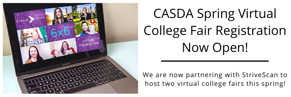 Open laptop next to announcement of CASDA Virtual Spring College Fair
