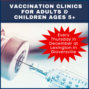 a graphic shows a vaccination needle and vial, with details on when vaccination clinics are being held