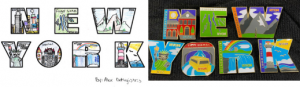 an artists' rendering of NY-themed pins is shown, next to the actual finished product