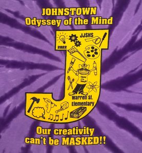 a purple tie dye background is shown with a yellow "J" and the works Johnstown Odyssey of the Mind" and "Our creativity can't be MASKED!!"