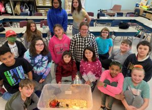 a group of students poses in their classroom around a plastic bin with chicks in it