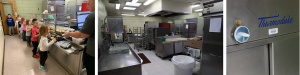 a cafeteria line is shown with kitchen equipment