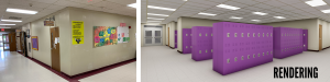 two pictures show a hallway in a school building and a rendering of purple school lockers