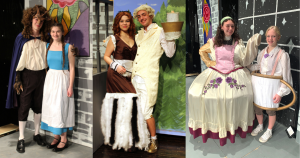 three photos, side by side, of characters in costume from a play