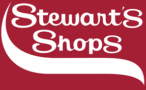 a maroon and white logo that reads "Stewart's Shops"