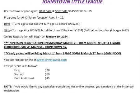 Johnstown Little League sign-ups for baseball and softball