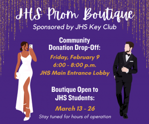 a purple background shows a boy and a girl wearing formal wear, with text reading "JHS Prom Boutique" 