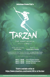 a musical theater poster shows a white logo of Tarzan with a green jungle background