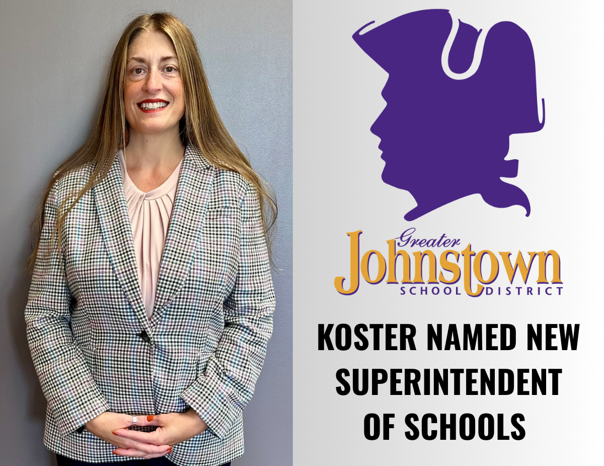 a woman wearing a suit jacket smiles, along with a school graphic and text that reads "Koster named next Superintendent of Schools." 