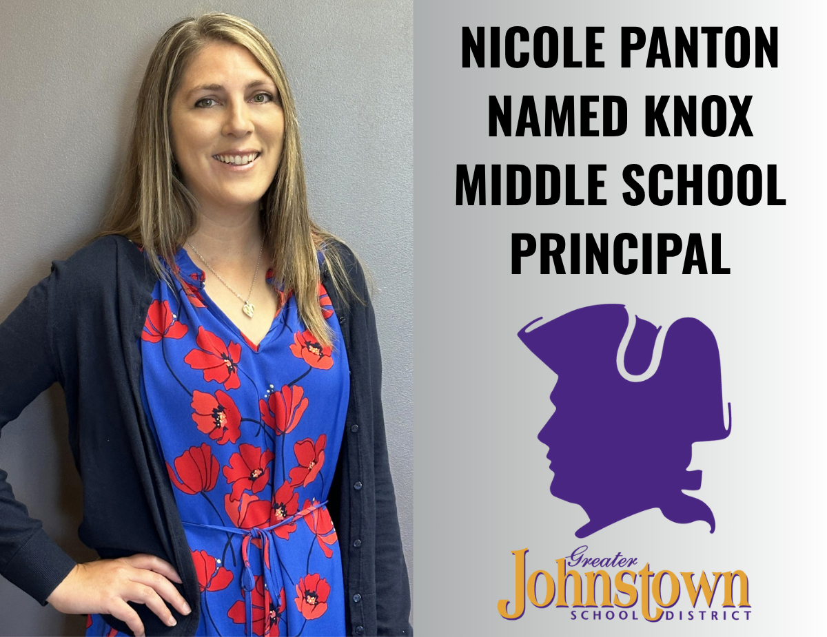 a woman wearing a blue and red dress with a navy cardigan poses next to text that reads "Nicole Panton Named Knox Middle School Principal" and the school logo