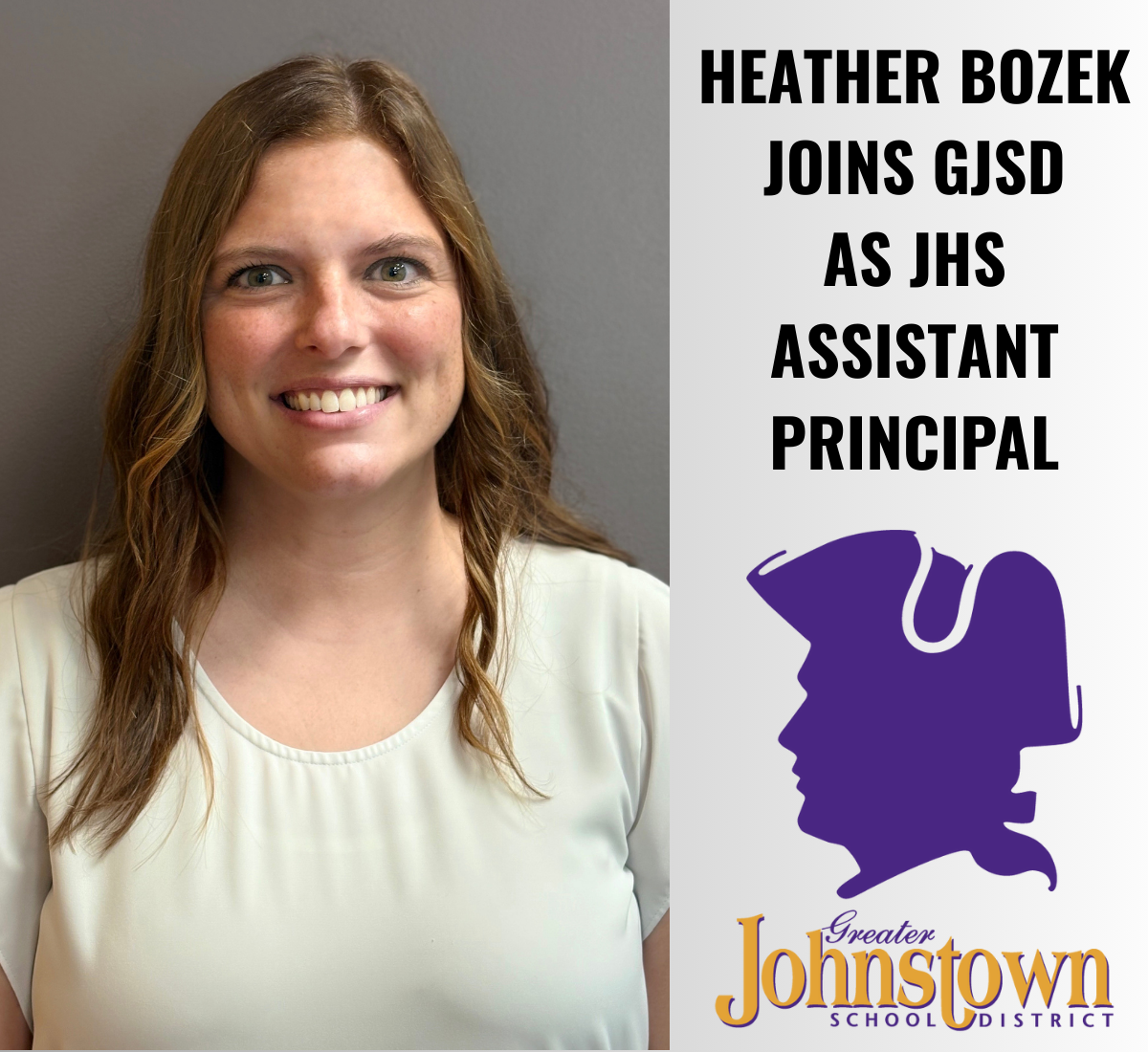 a woman wearing a white shirt poses; text reads "Heather Bozek joins GJSD as JHS assistant principal"