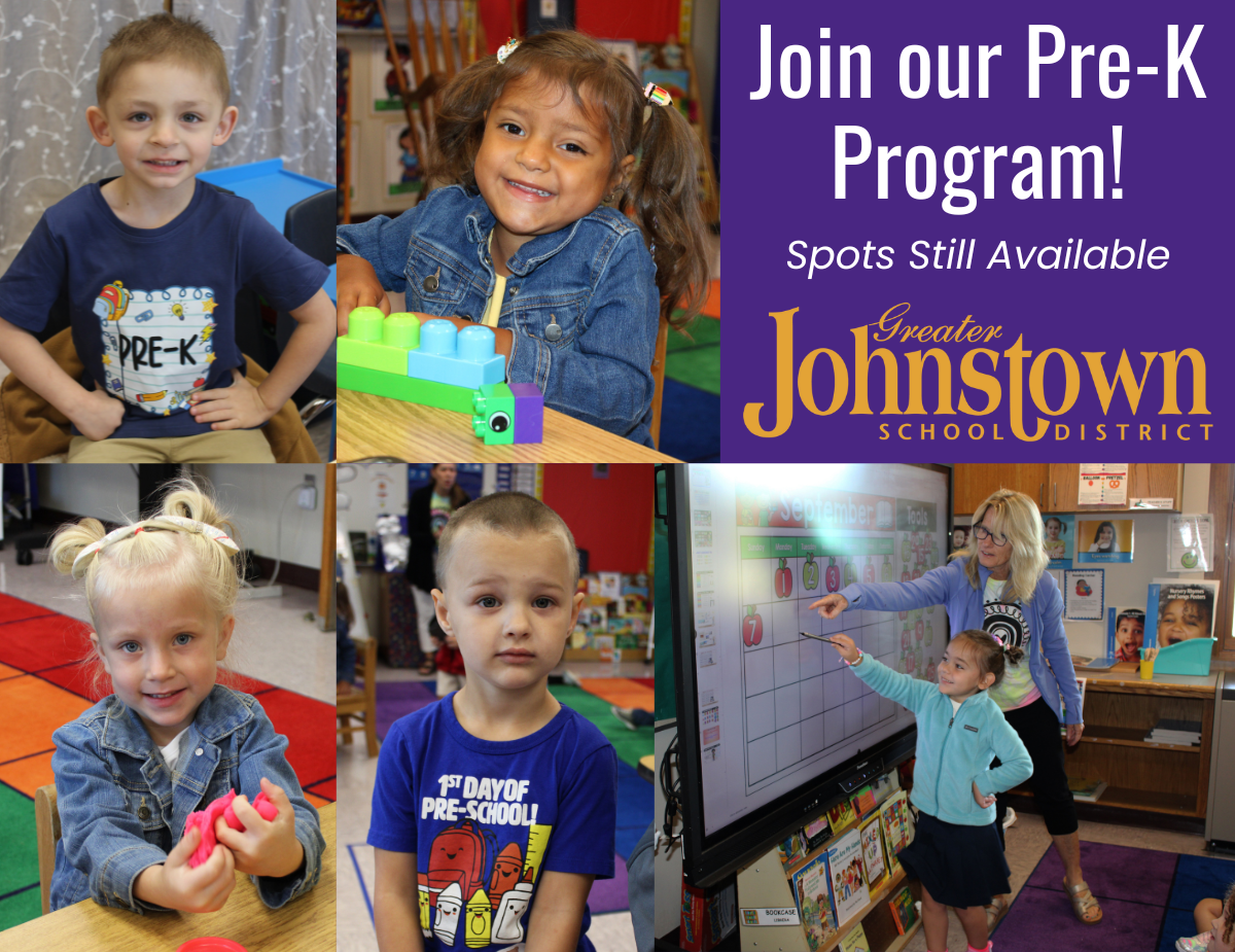 a montage of young children at school, with accompanying text:  "Join our Pre-K Program; spots still available"