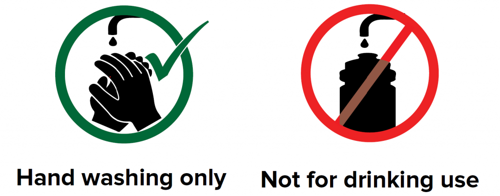 hands being washed under a faucet with a check mark and a water bottle under a faucet with a do not use mark over it