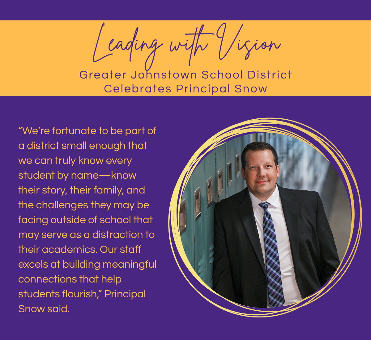 a purple and gold graphic shows a picture of a man leaning against a row of lockers