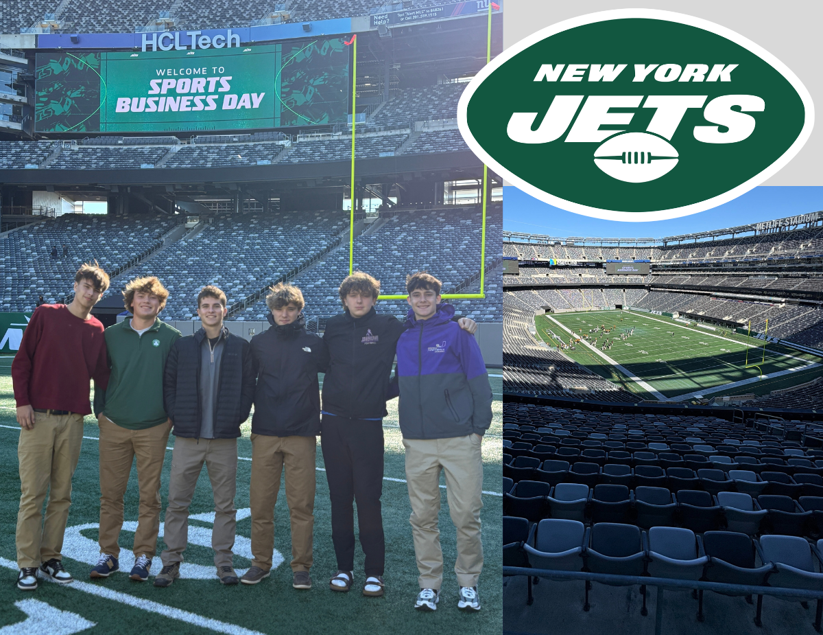 six young teen boys stand on a turf football field with the NY Jets logo