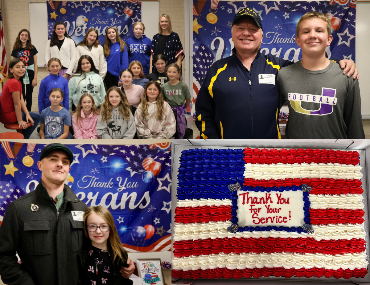 students pose with veterans in a patriotic setting