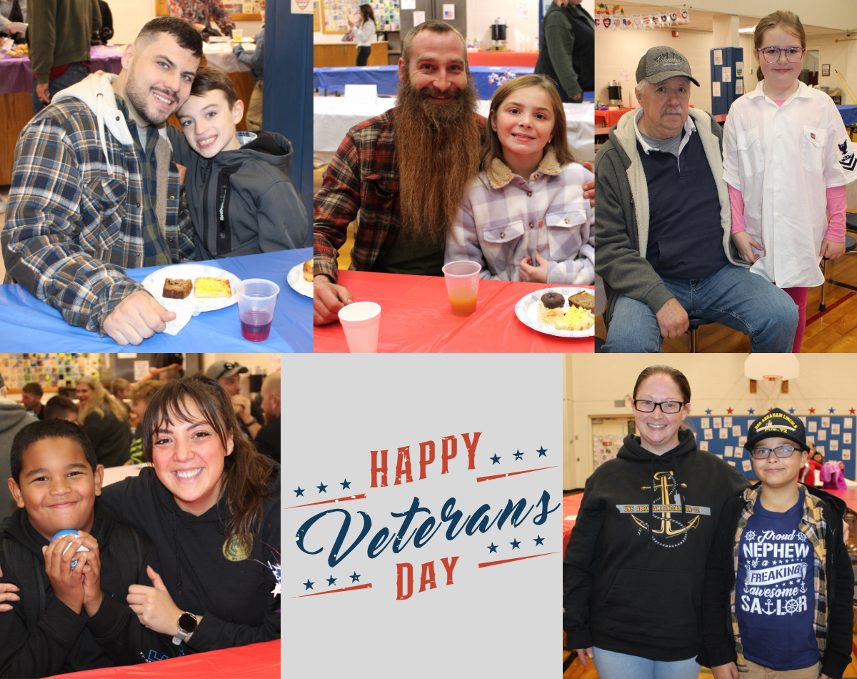 young students pose with family members who are veterans