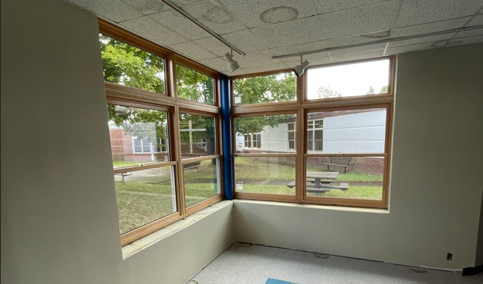a corner window overlooks an outdoor public space