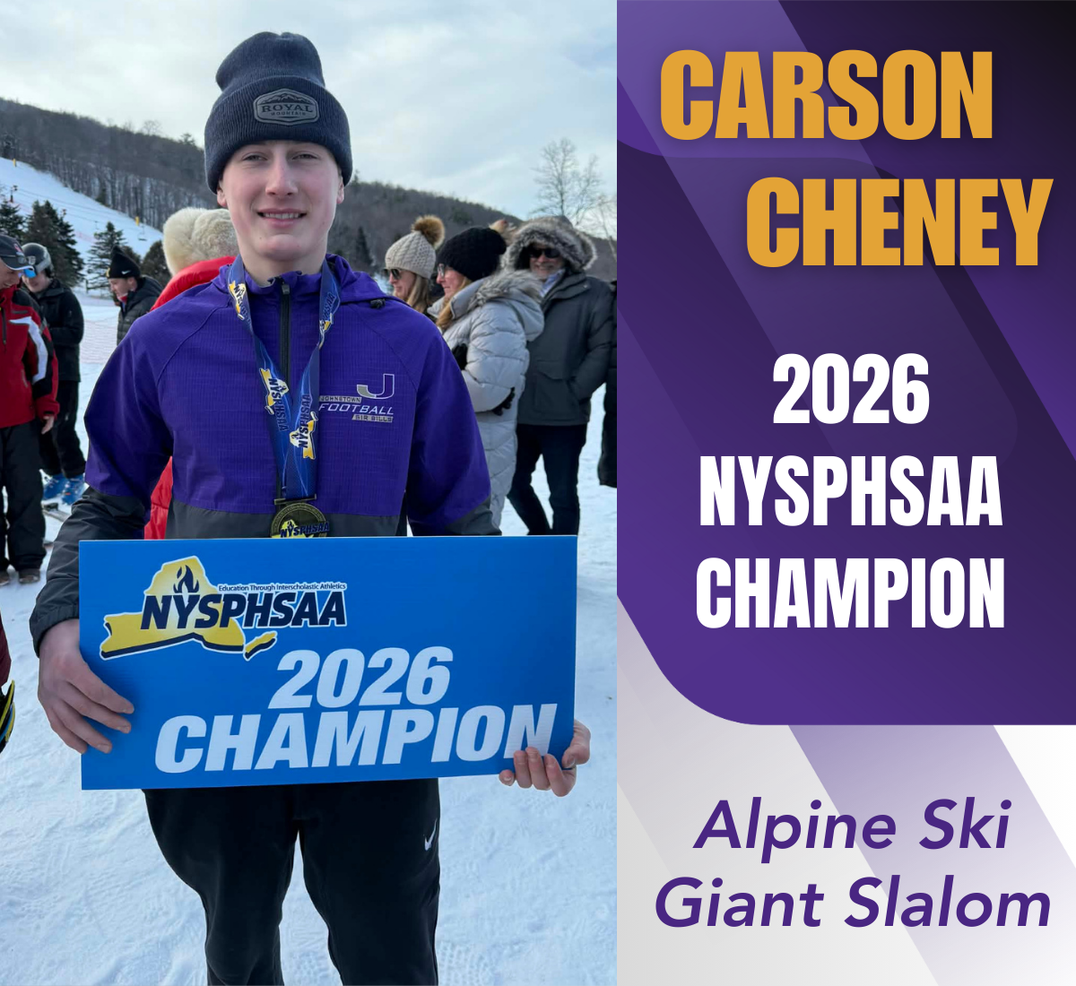 a young man wearing a hat holds a blue sign that reads "NYSPHSAA 2026 Champion" wile standing outside in the snow