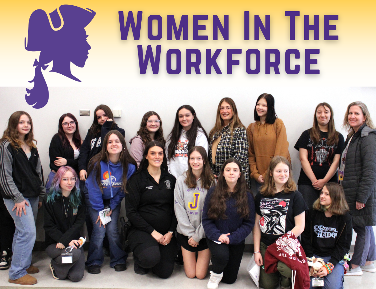 students pose with three female adults with text that reads: "Women In The Workforce."
