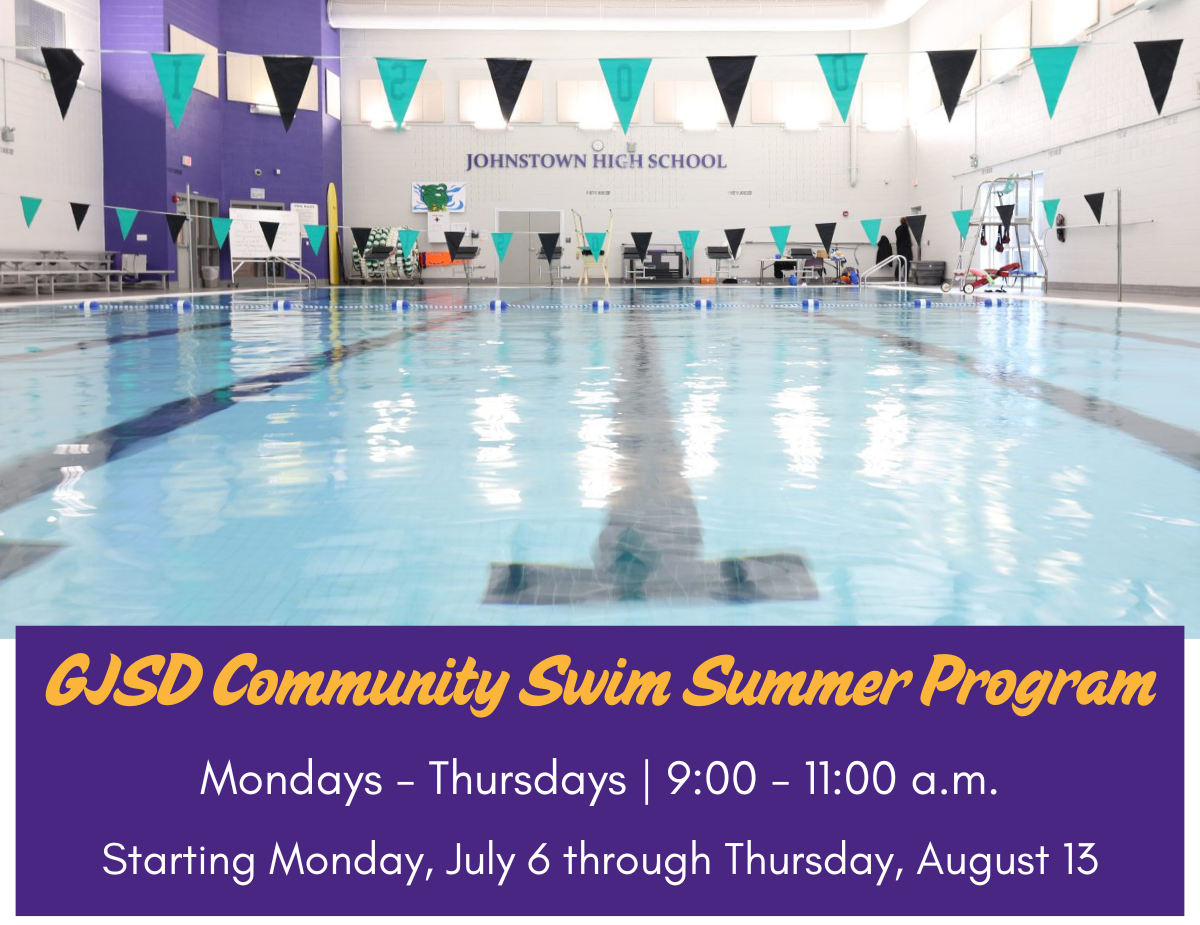 a picture of an indoor pool with the accompanying text: "GJSD Community Swim Summer Program. Mondays - Thursdays | 9:00 - 11:00 a.m. Starting Monday, July 6 through Thursday, August 13."