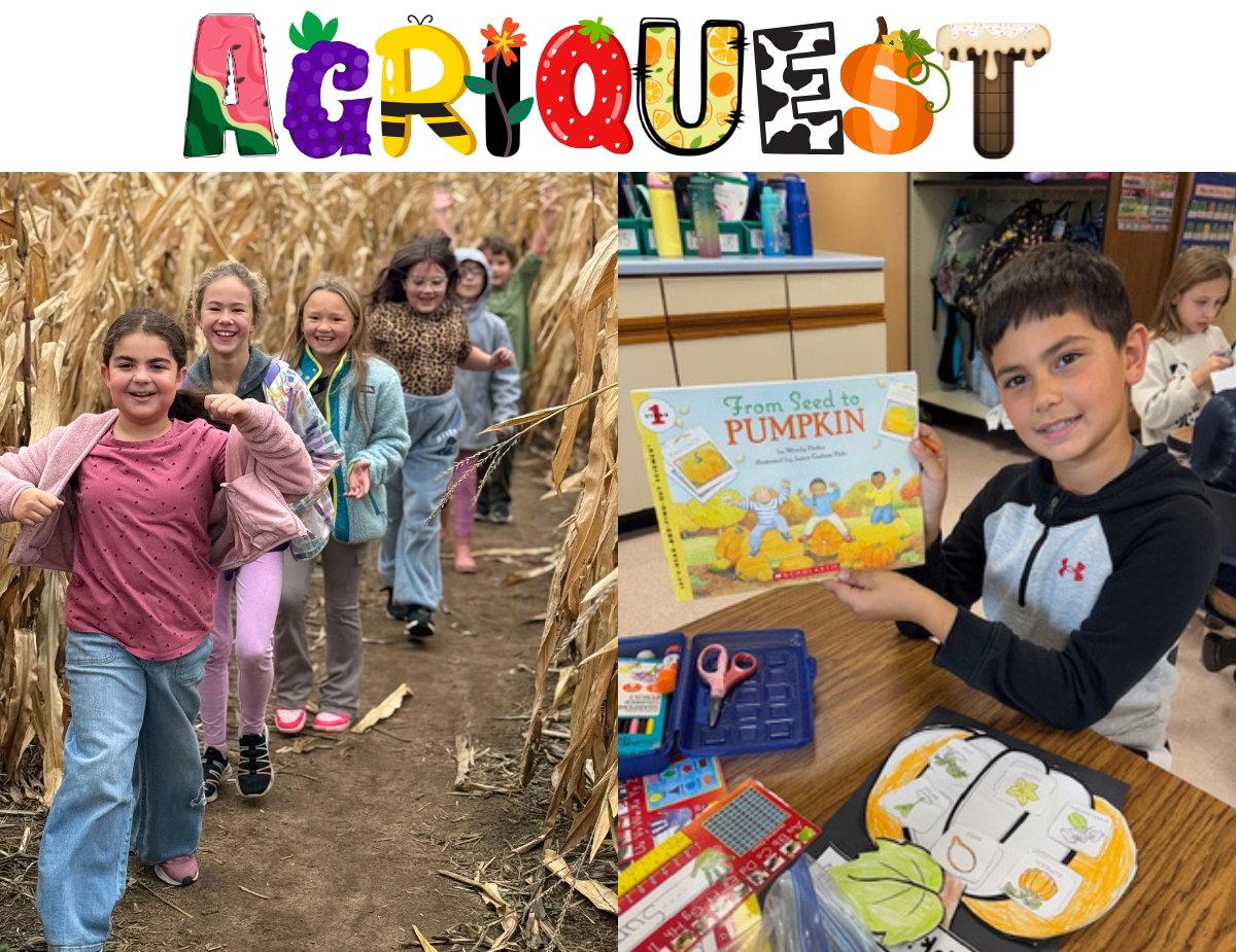 a picture of young students walking through a corn field and a young boy holding up a book about pumpkins, pictured with a graphic that reads "Agriquest" using letters that look like food.
